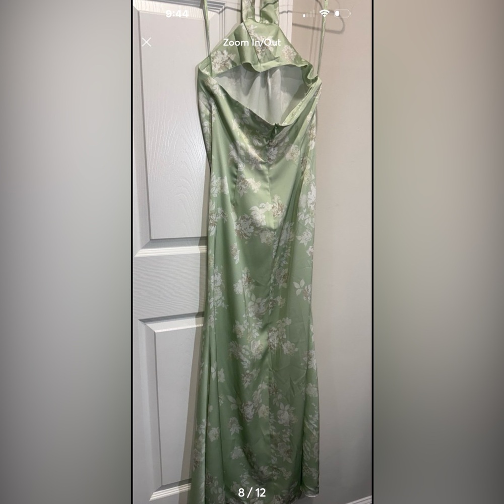BHLDN Ruby Twist Halter Satin Gown Size 4 Sage Green Floral
Maxi Bridesmaid Dres - Picture 8 of 9